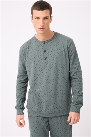 OceanRipple™ Premium Örme Pamuk Uzun Kollu Henley & Uzun Pantolonlu Erkek Pijama Takımı