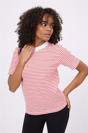 TEE NAUTIQUE™ Kırmızı Çizgili Premium Örme Bisiklet Yaka T-Shirt