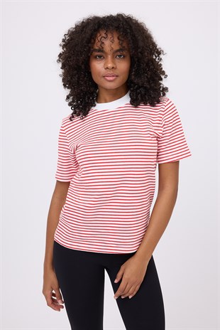 TEE NAUTIQUE™ Kırmızı Çizgili Premium Örme Bisiklet Yaka T-Shirt