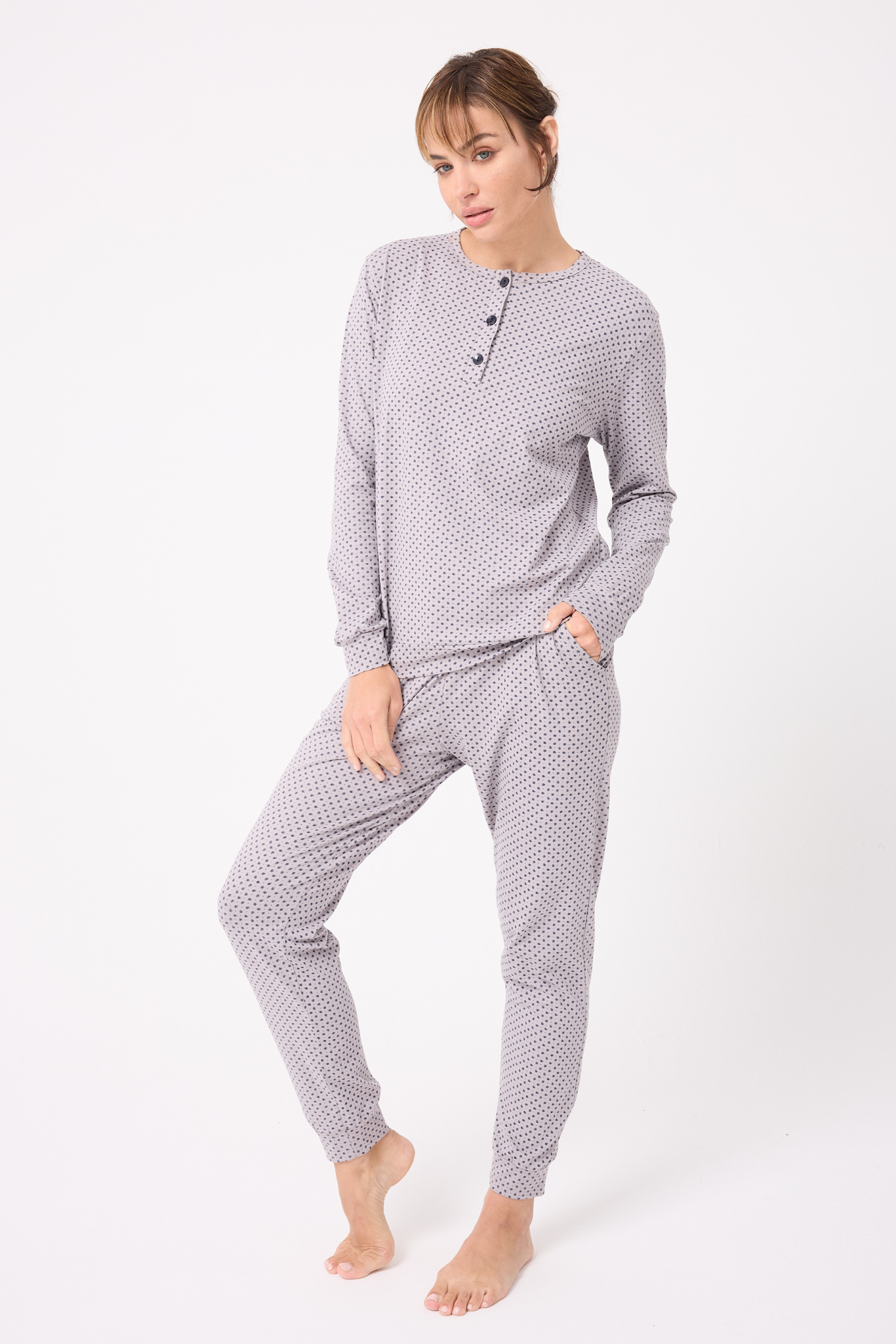 L’ESPADON OCEAN RIPPLE™ Premium Örme Pamuk Uzun Kollu Henley & Uzun Pantolonlu Kadın Pijama Takımı