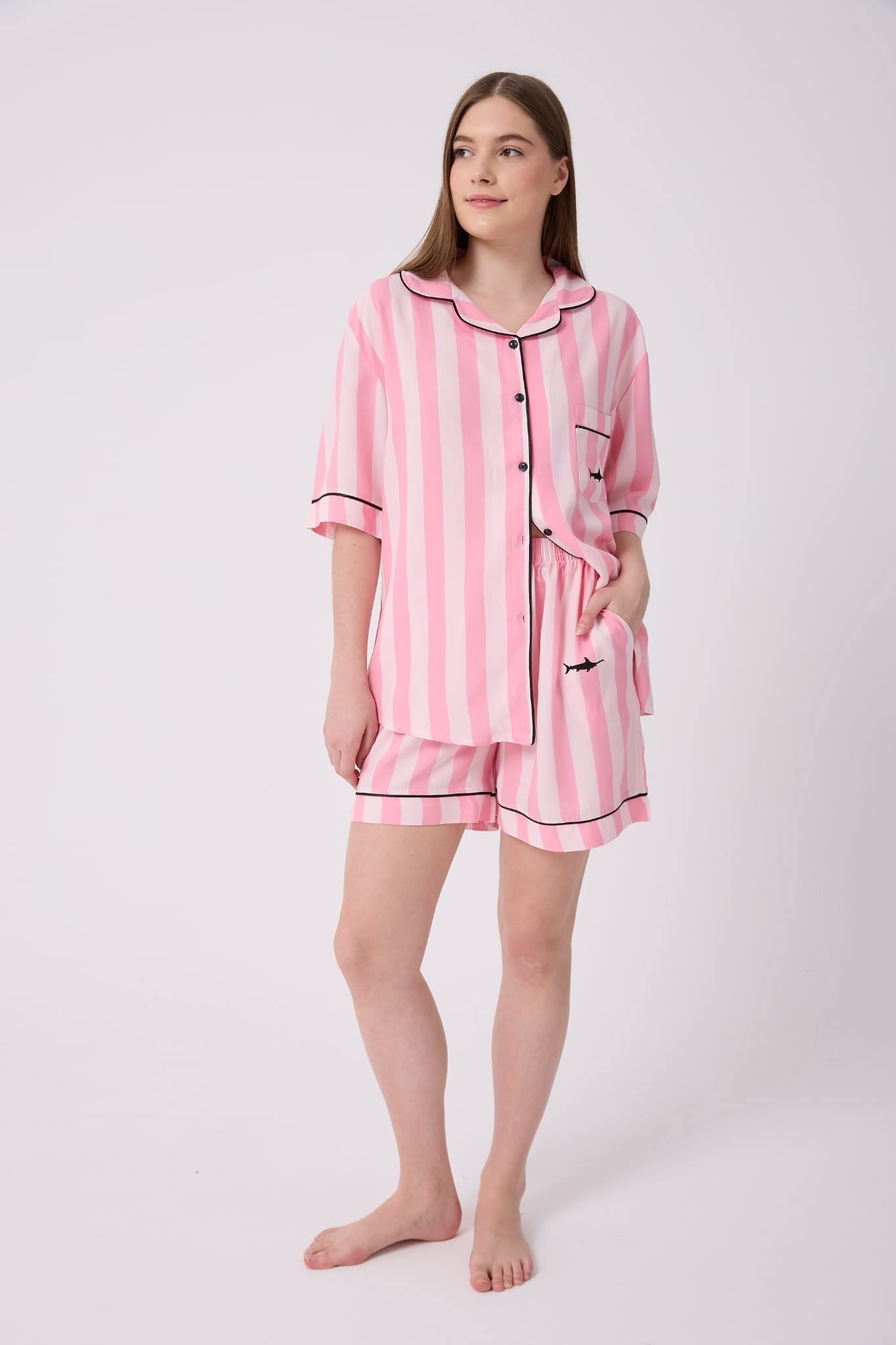 Lespadon Kadın Yazlık Bebe Yaka Düğmeli Pijama Takımı