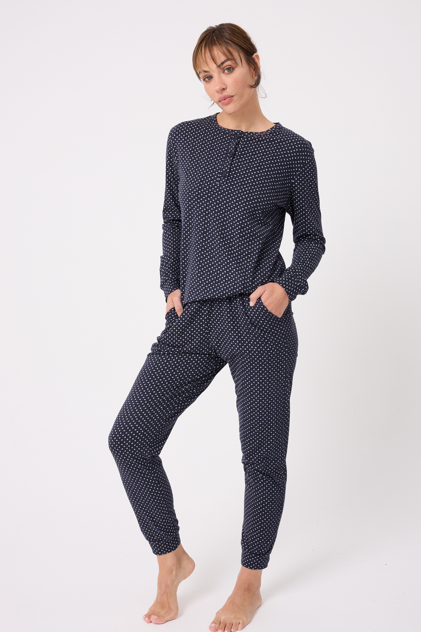 L'ESPADON OCEAN RIPPLE™ Premium Örme Pamuk Uzun Kollu Henley & Uzun Pantolonlu Kadın Pijama Takımı