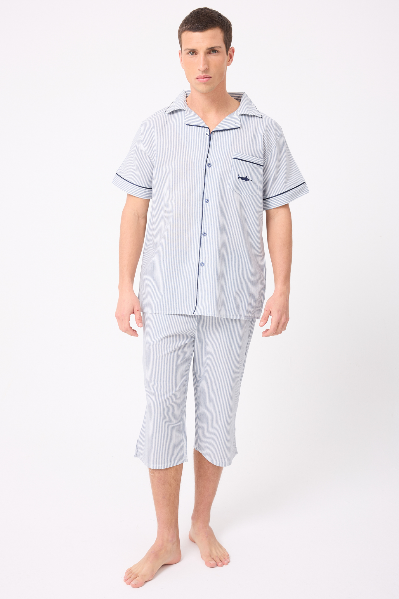 MARISILK™ SEASTRIPE Erkek Dokuma Yazlık Kısa Kollu Crop Pantolonlu Pijama & Lounge Takımı