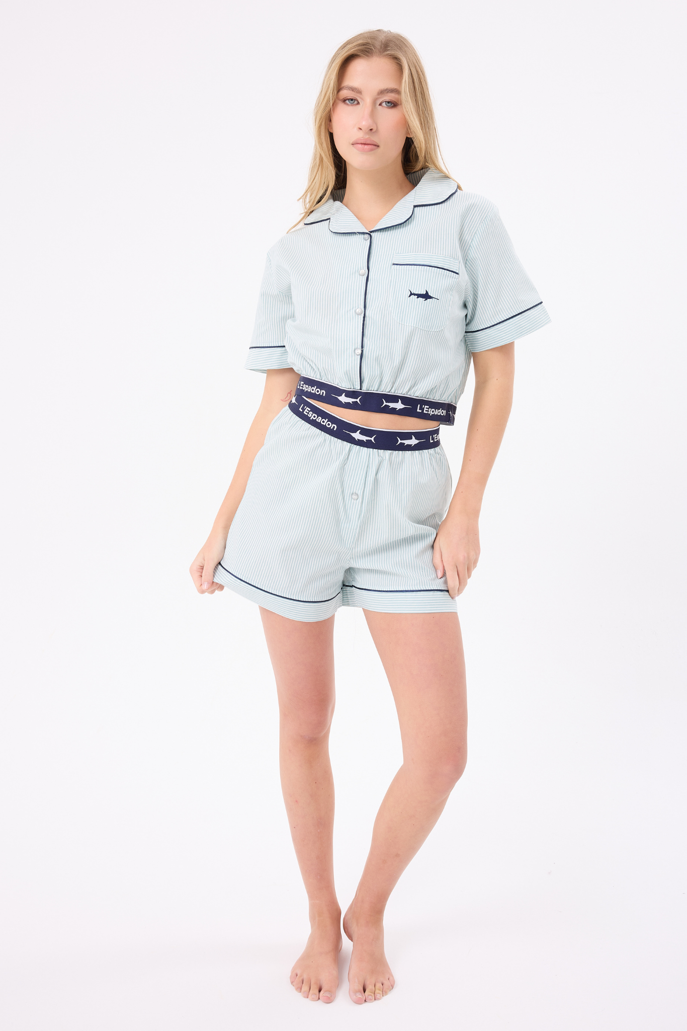 MARISILK™ SEASTRIPE Kadın Yazlık Şortlu Crop Gömlekli Pijama & Lounge Takımı (Bel Bantlı)