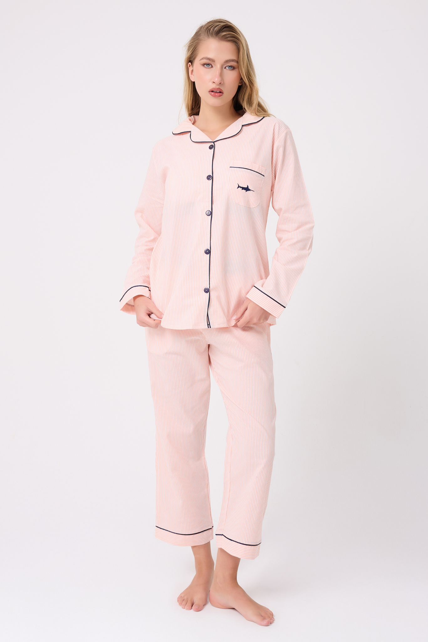 MARISILK™ SEASTRIPE Premium Dokuma Uzun Kollu Crop Pantolonlu Kadın Pijama & Lounge Takımı
