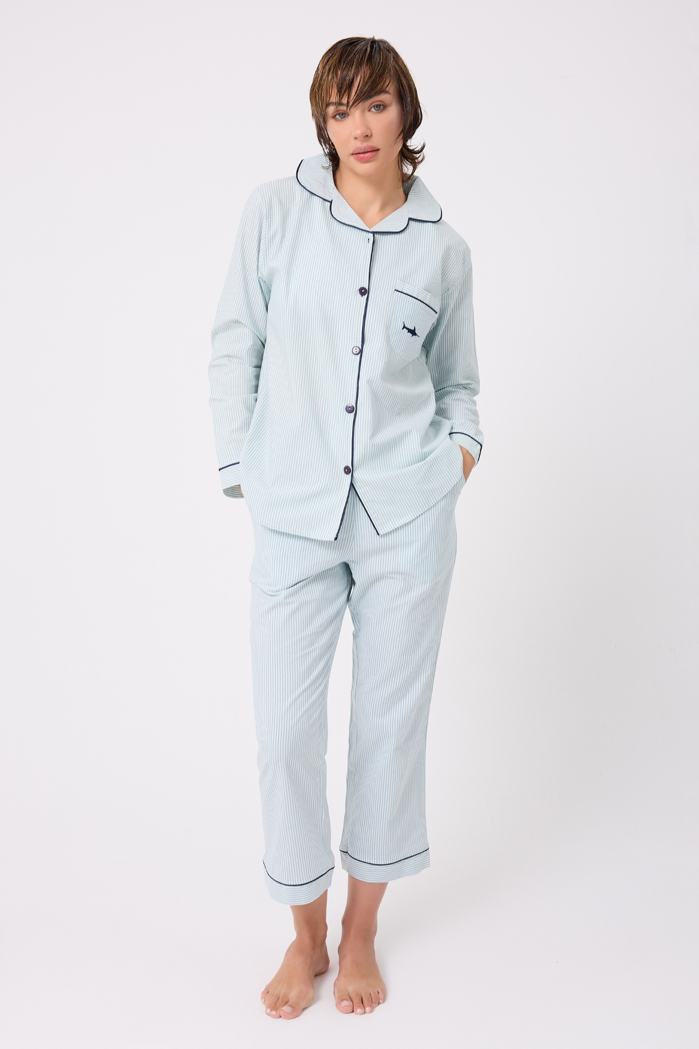 MARISILK™ SEASTRIPE Premium Dokuma Uzun Kollu Crop Pantolonlu Kadın Pijama & Lounge Takımı