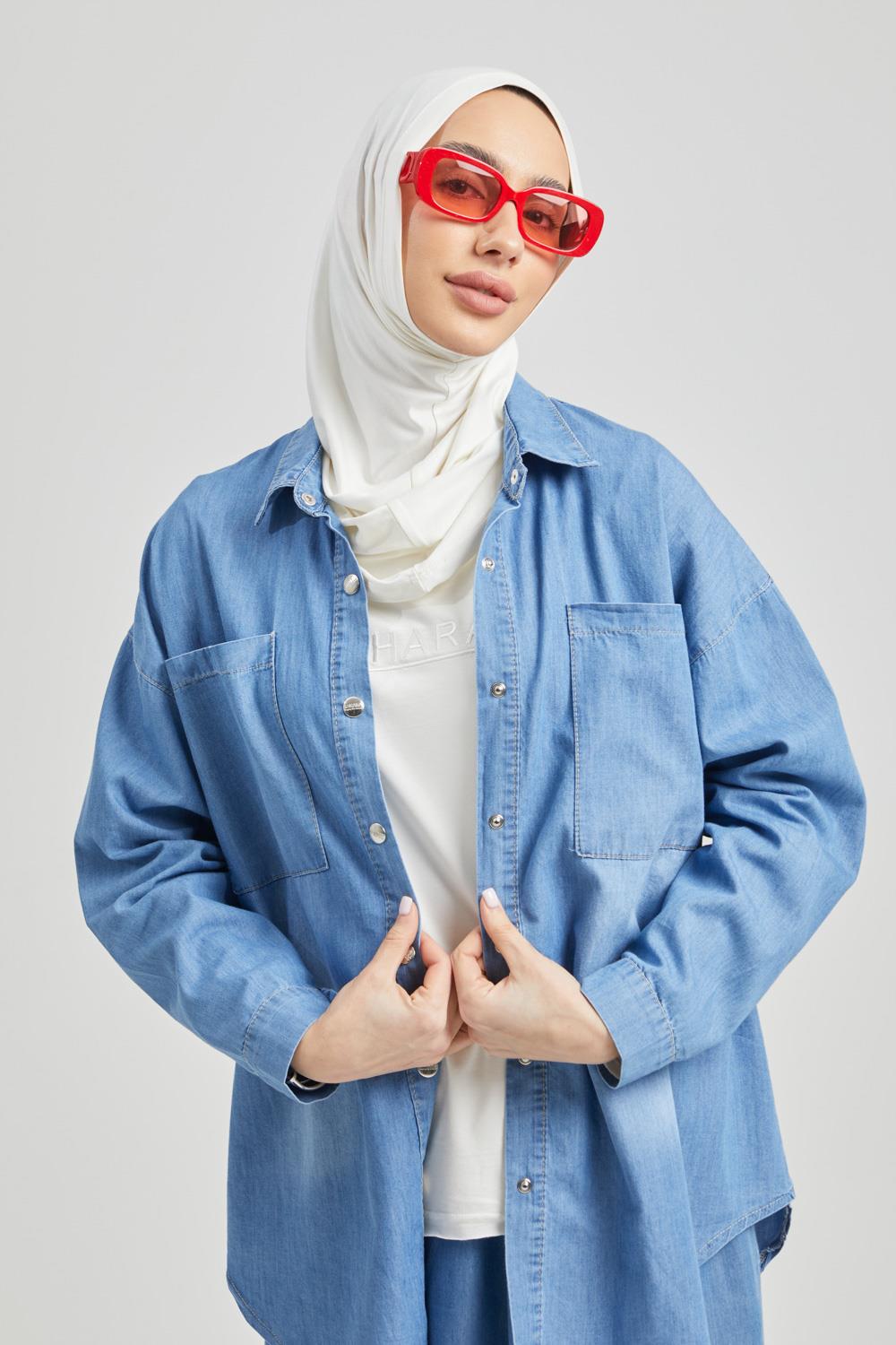 Sahara Mavi İnce Kadın Kot Gömlek
