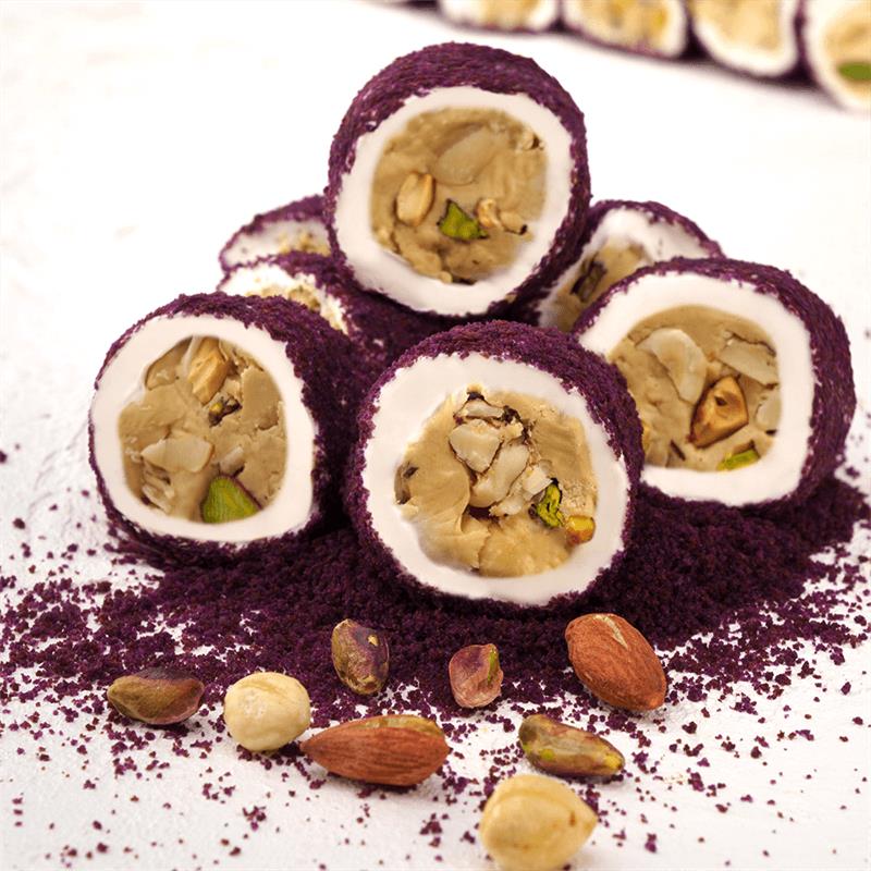 Hurrem Sultan Velvet Purple, Pistachio, Hazelnut, Almond Stuffed Turkish Delight 600g