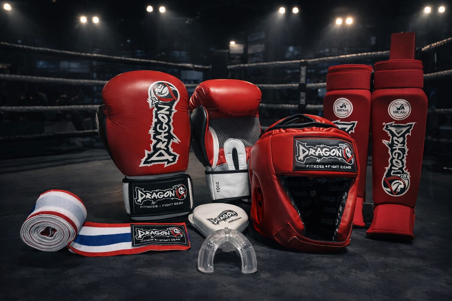 Muay Thai başlangıç rehberi için eldiven, bandaj, kaval koruyucu, dişlik ve Muay Thai şortu