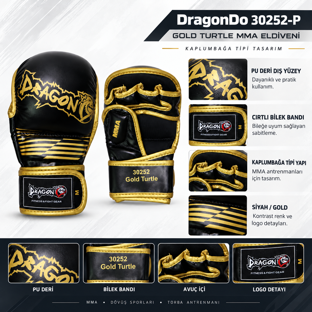 DragonDo 30252-P Gold Turtle Kaplumbağa Tipi MMA Eldiveni Torba Eldiveni