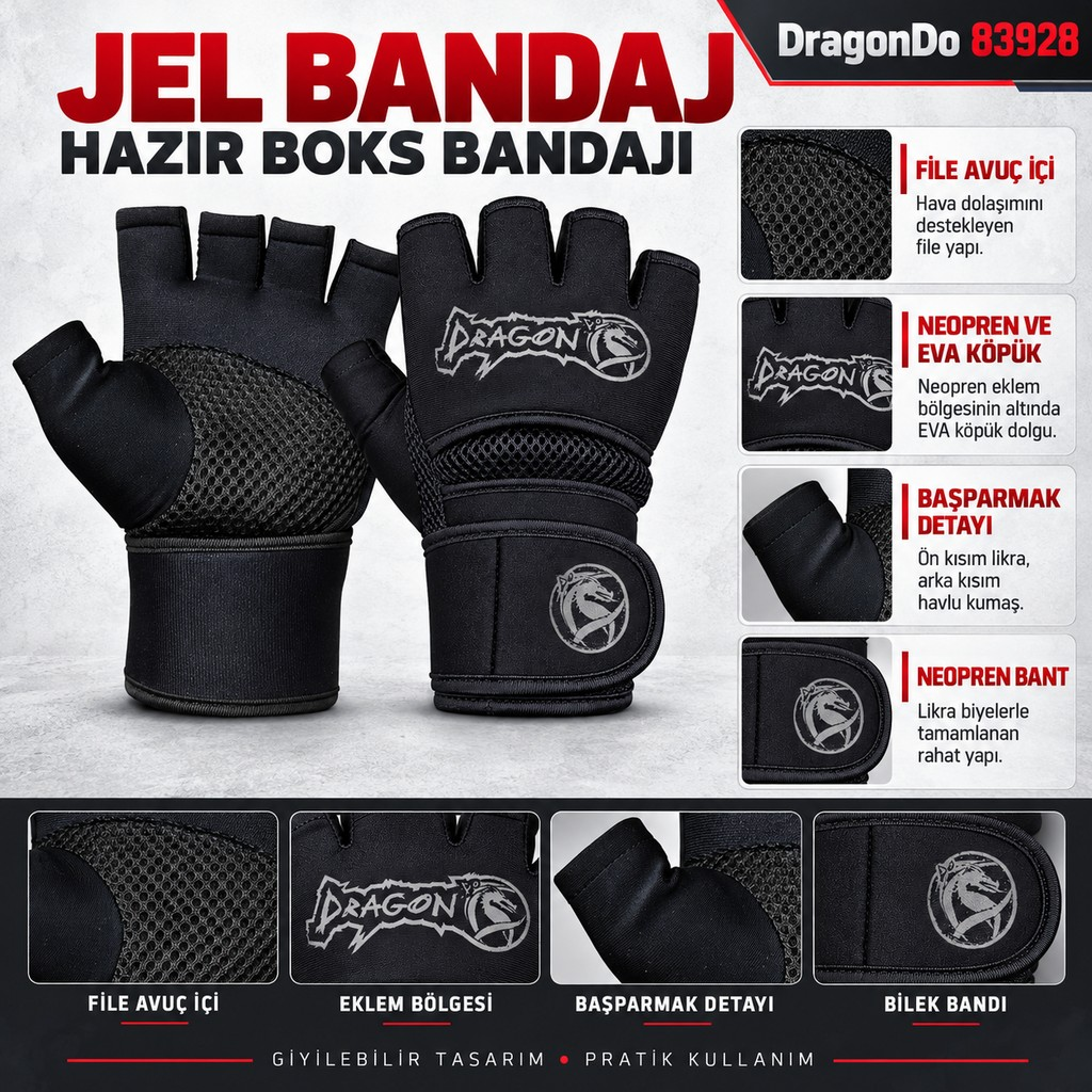 DragonDo 83928 Jel Bandaj – Hazır Boks Bandajı / Giyilebilir El Bandajı