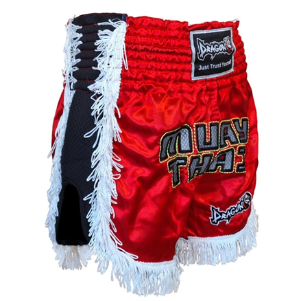 DragonDo MT3020 Apache Muaythai Şortu Kırmızı Püsküllü Şort Nakışlı Muay Thai Şortu