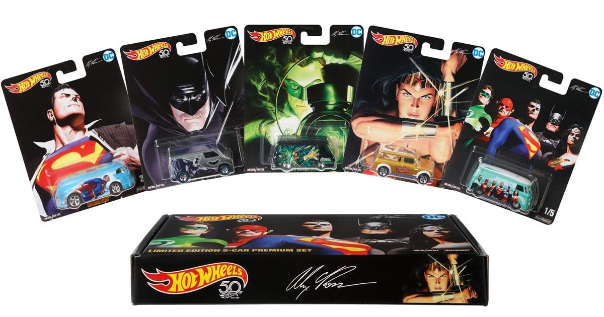Hot Wheels Limited Edition Premium 1:64 Scale 5-Car Box Set Features DC Artist Alex Ross Illustrations for Collectors 