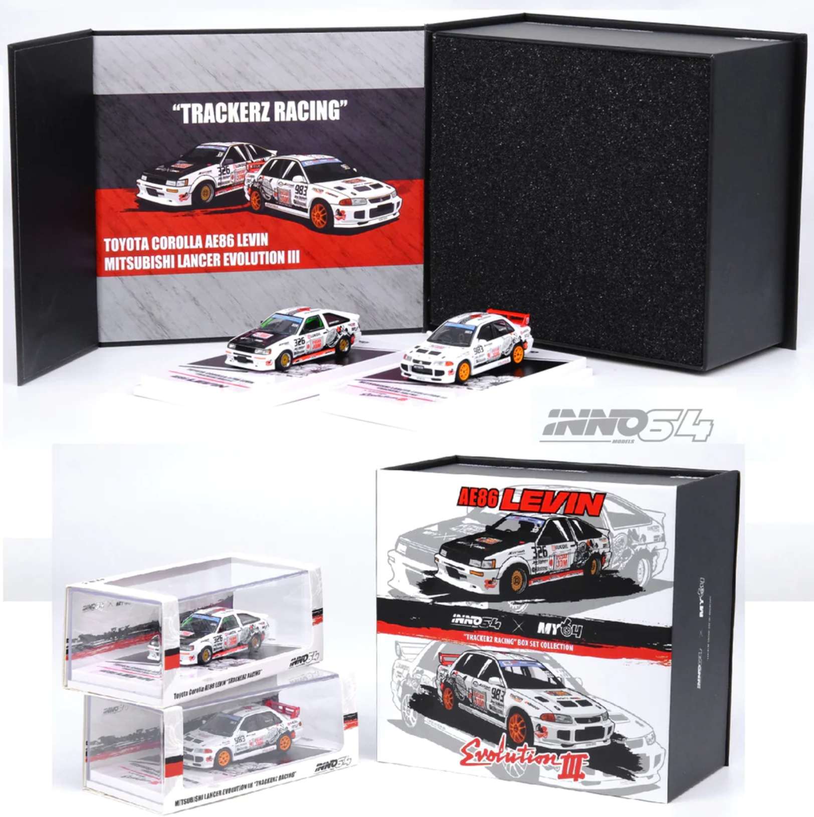 İNNO64 Toyota Corolla AE86 Levin + Mitsubishi Lancer Evolution III Trackerz Racing Box Set Collection