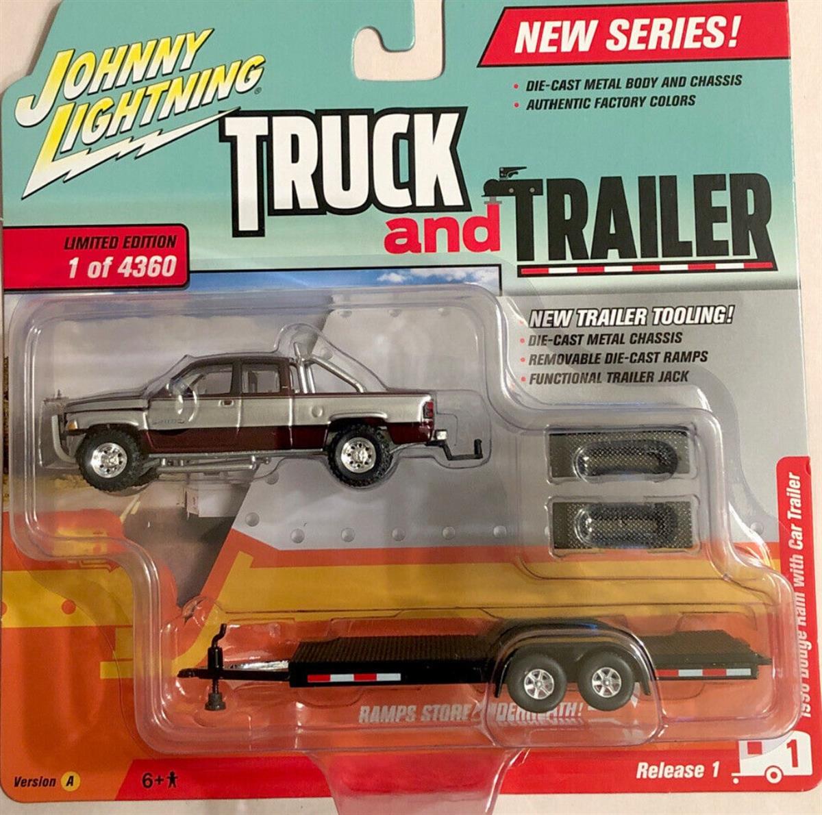 Johnny Lightning 1996 Dodge Ram with Car Trailer Truck and Trailer