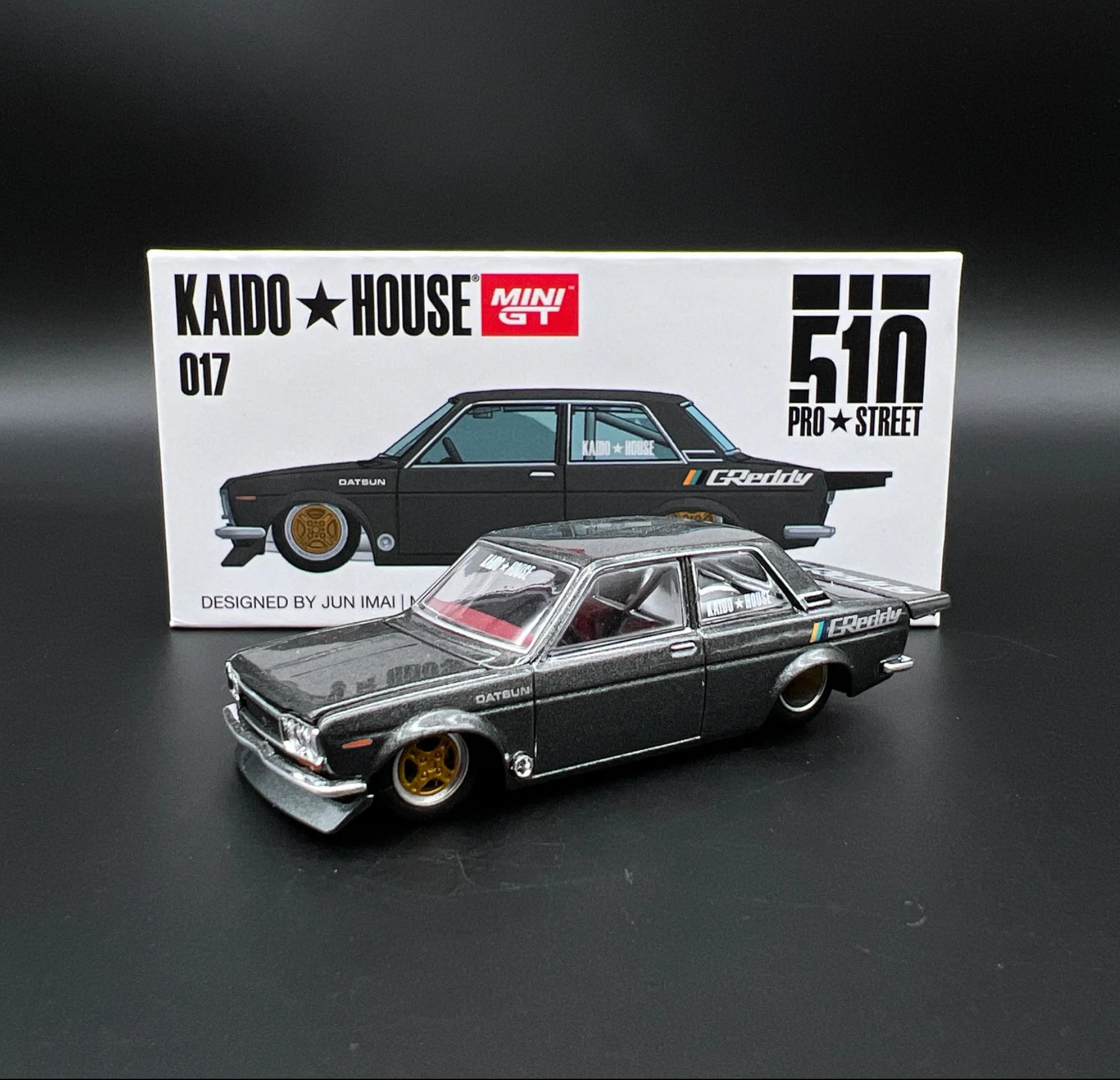 Mini GT Kaido House Datsun 510 Pro Street Greedy Gun Metal Grey