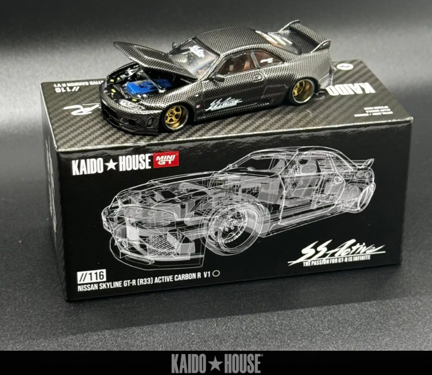 Mini GT Kaido House Nissan Skyline GT-R R33 Active Carbon R