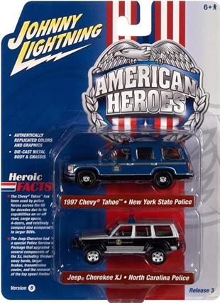 Johnny Lightning 1997 Chevy Tahoe New York State Police + Jeep Cherokee XJ North Carolina Police American Heroes