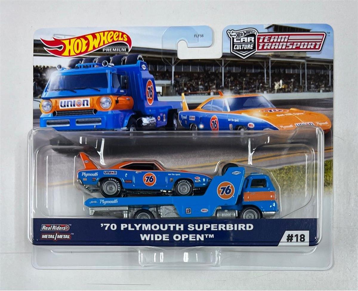 HOT WHEELS FLF56-956G TEAM TRANSPORT 1970 PLYMOUTH SUPERBIRD & WIDE OPEN 