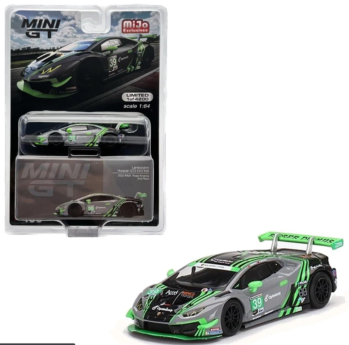 Mini GT Mijo Lamborghini Huracan GT3 Evo #39 2022 IMSA Road America 2nd Place LHD
