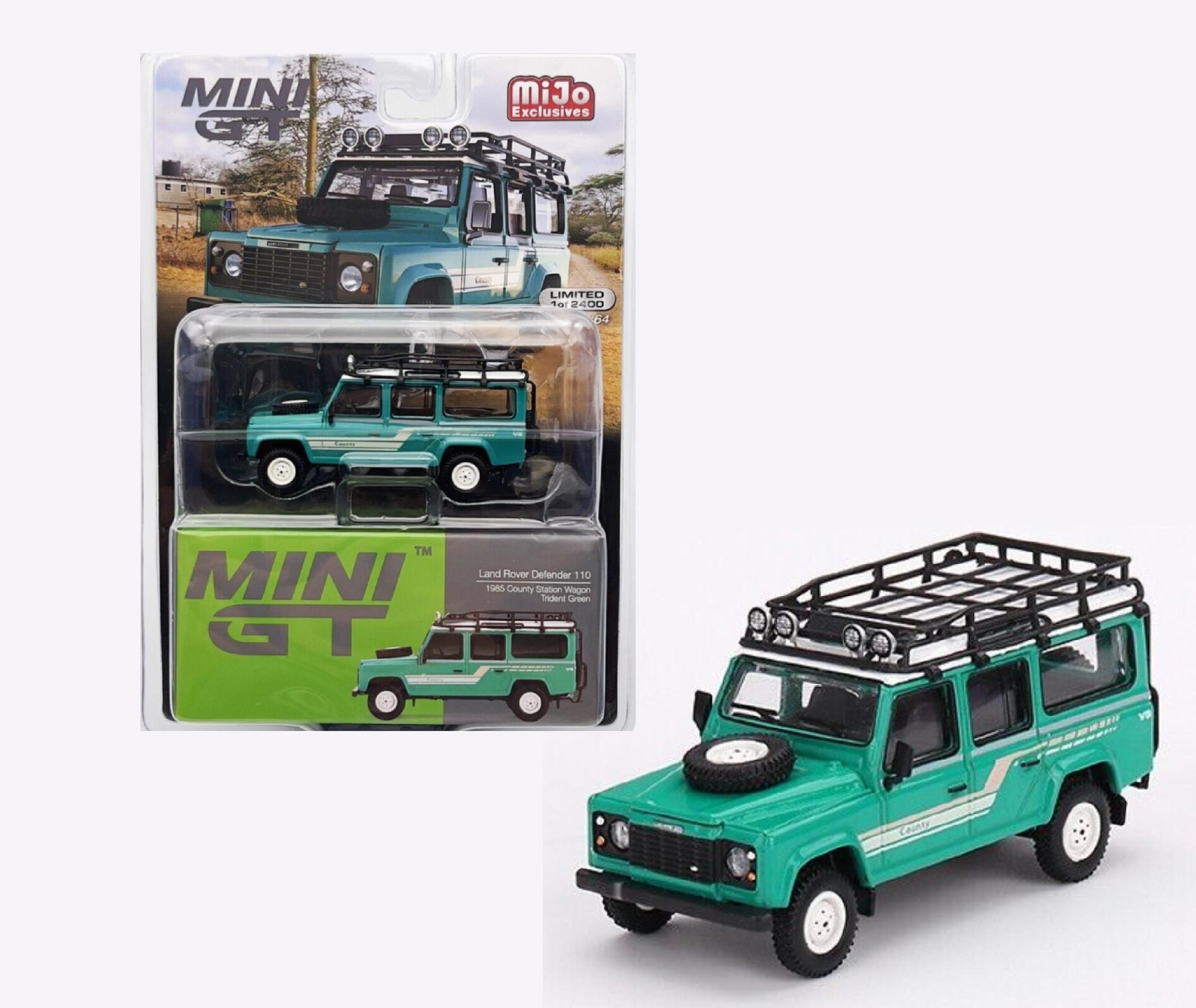 Mini GT Mijo Land Rover Defender 110 1985 County Station Wagon Trident Green lhd