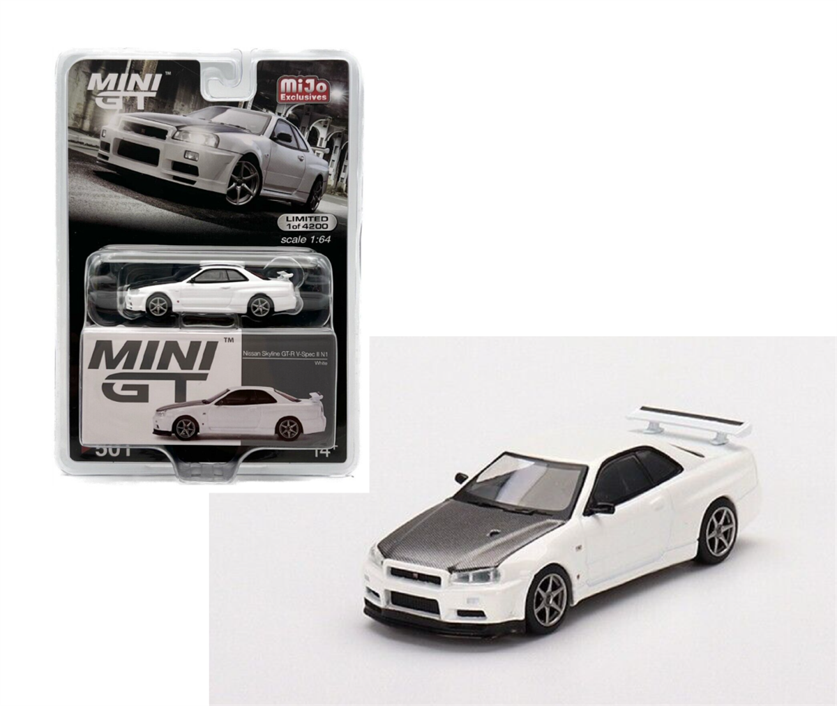Mini GT Mijo Nissan Skyline GT-R R34 V-Spec II N1 White Rhd