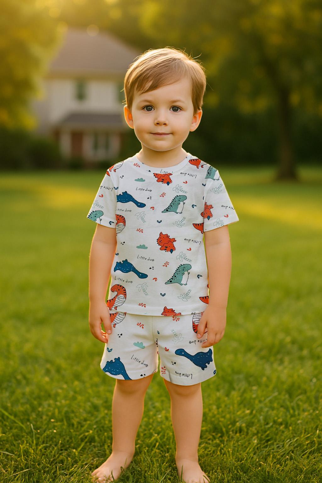 Erkek Çocuk %100 Pamuk Renkli Dinazor  Şortlu Pijama  Takımı (3-4 Yaş 8-9 Yaş)