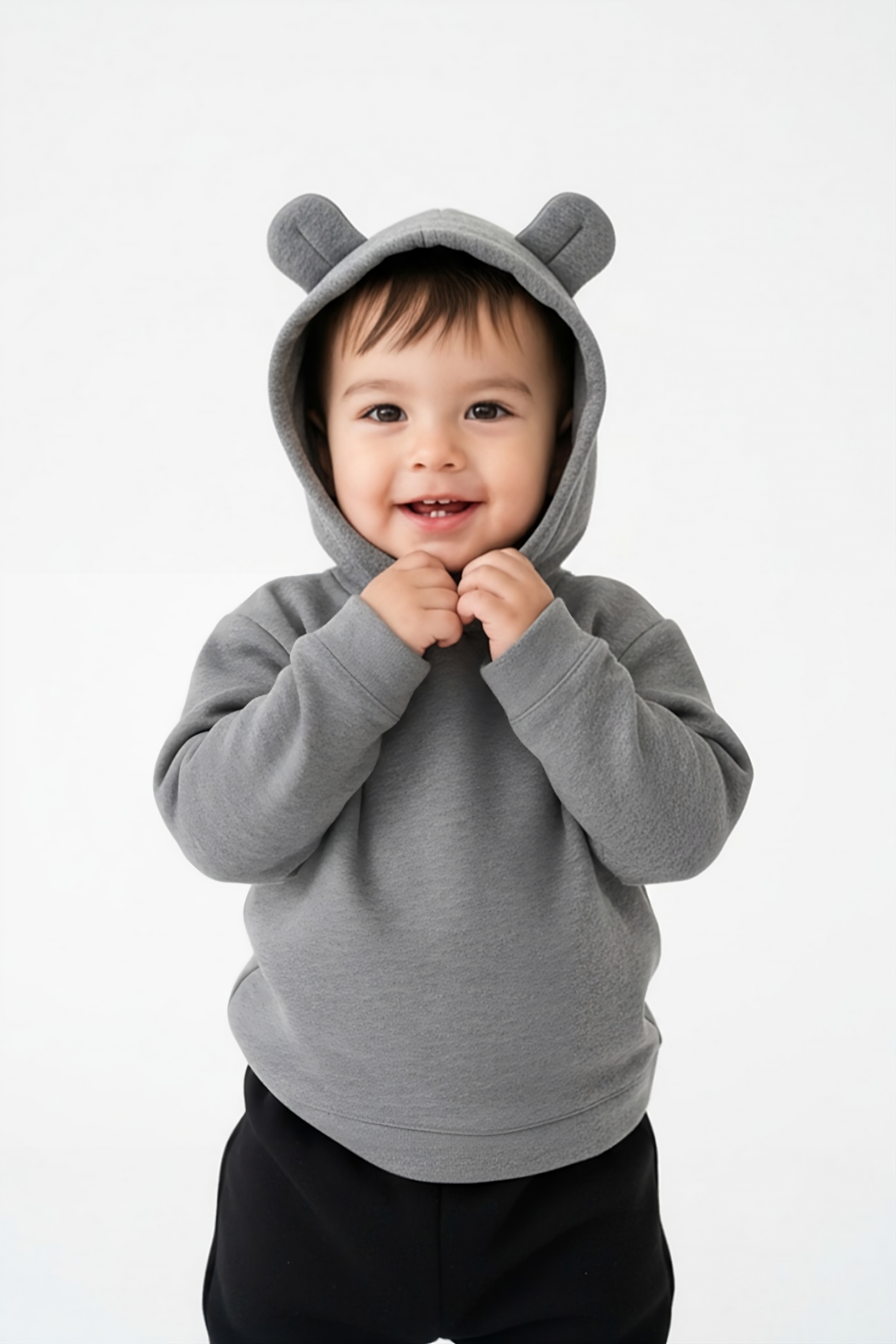 Erkek Çocuk Ayıcık Kulaklı Pamuklu Gri Kapüşonlu Sweatshirt