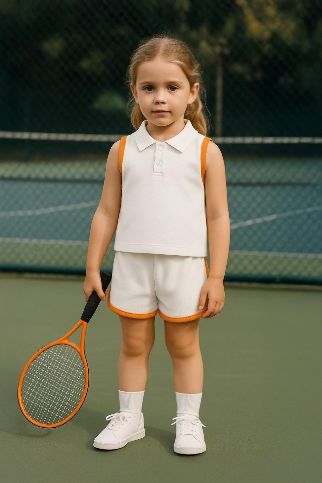 Kız Çocuk Polo Yaka Şerit Detaylı Şortlu Takım - Turuncu (3-4 Yaş 8-9 Yaş)