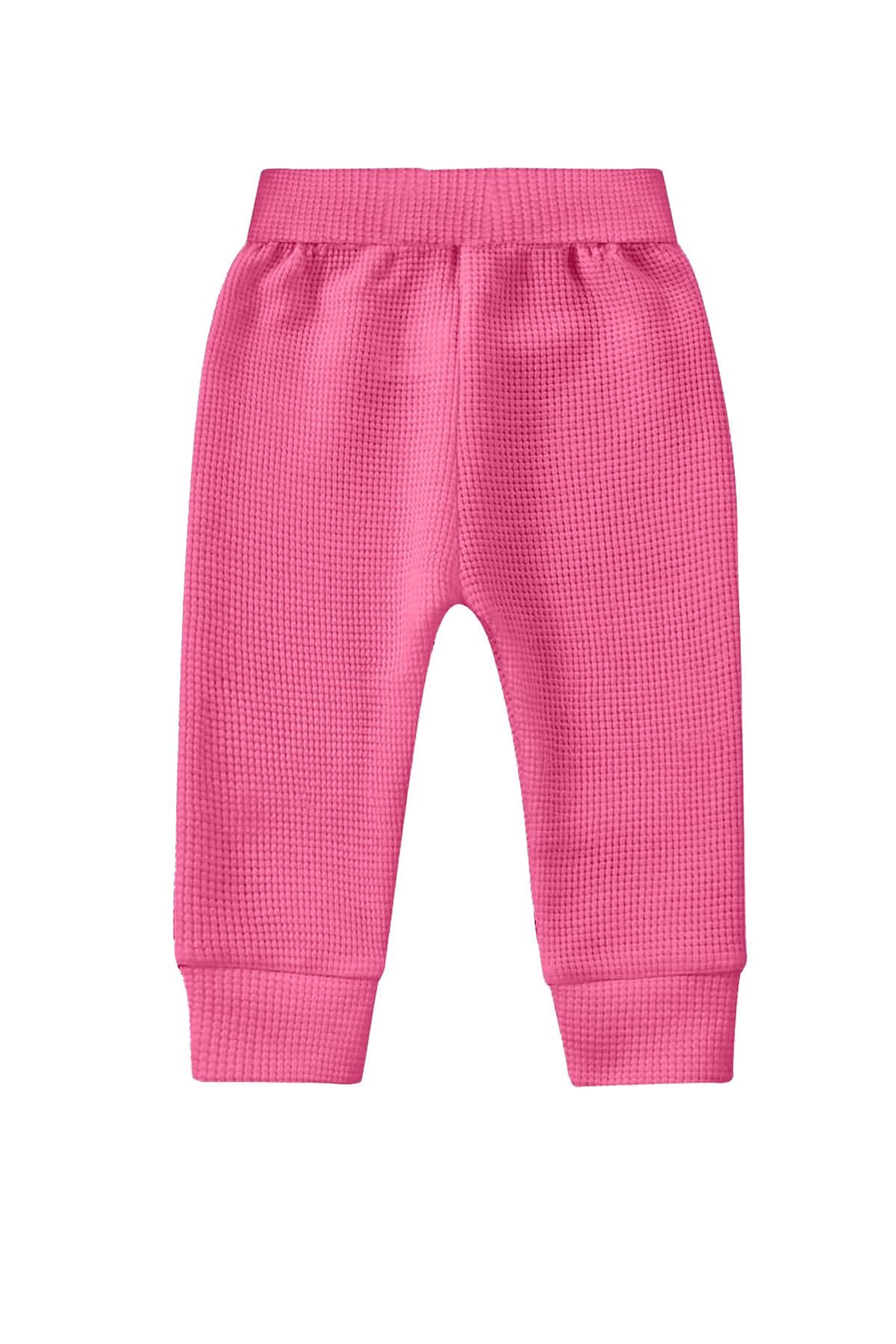 Kız Çocuk  Waffle Beli Ve Paçası Lastikli Pamuklu Pantolon - Pembe(3-4 Yaş 8-9 Yaş)