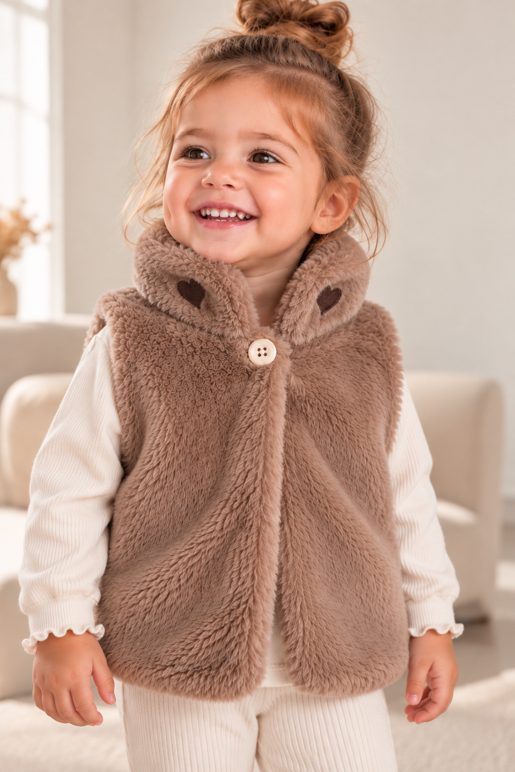 LUESS Kız Bebek Peluş Yelek Kalp Nakışlı Vizon