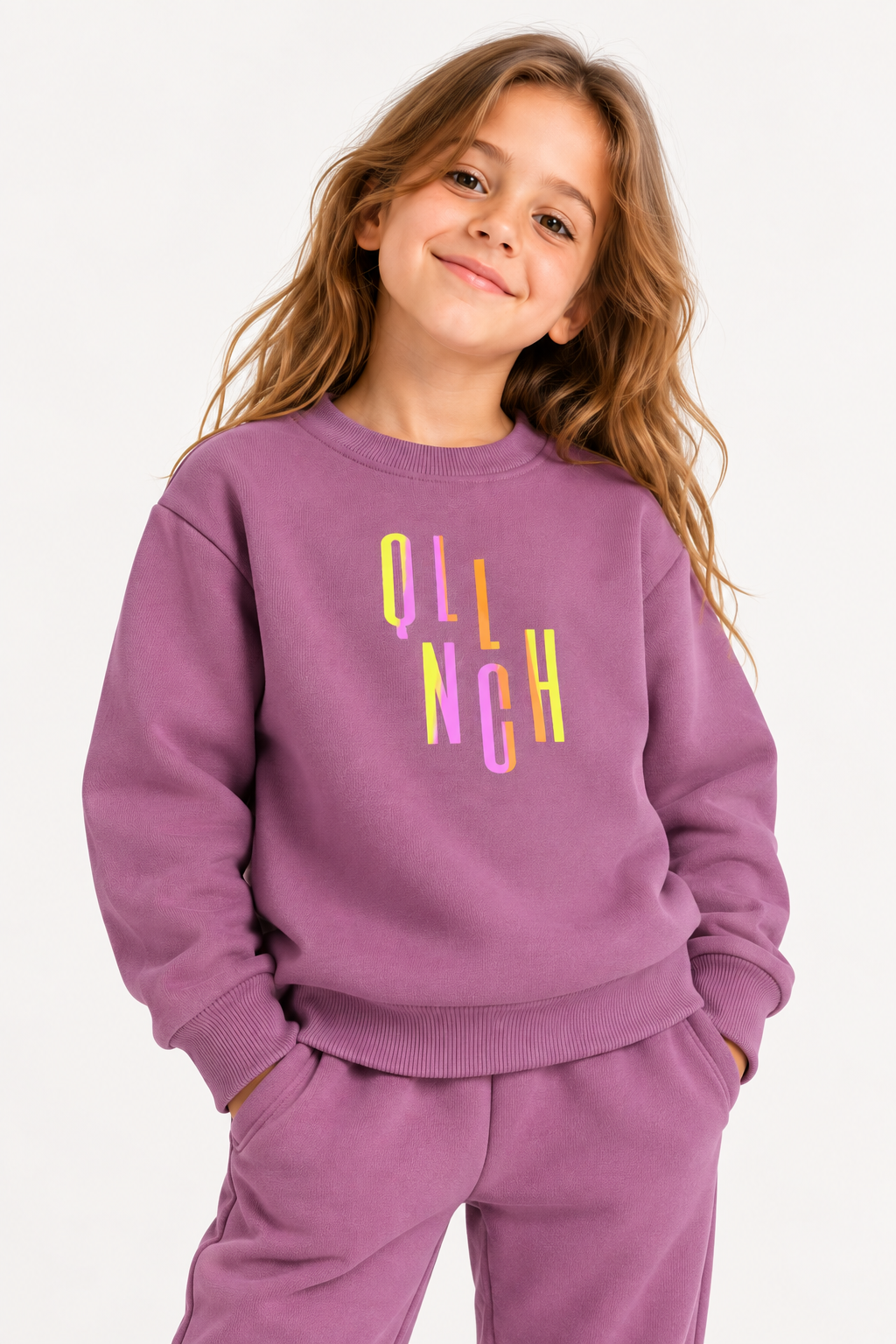 LUESS Kız Çocuk Bisiklet Yaka Renkli Baskılı Sweatshirt – Gül Kurusu