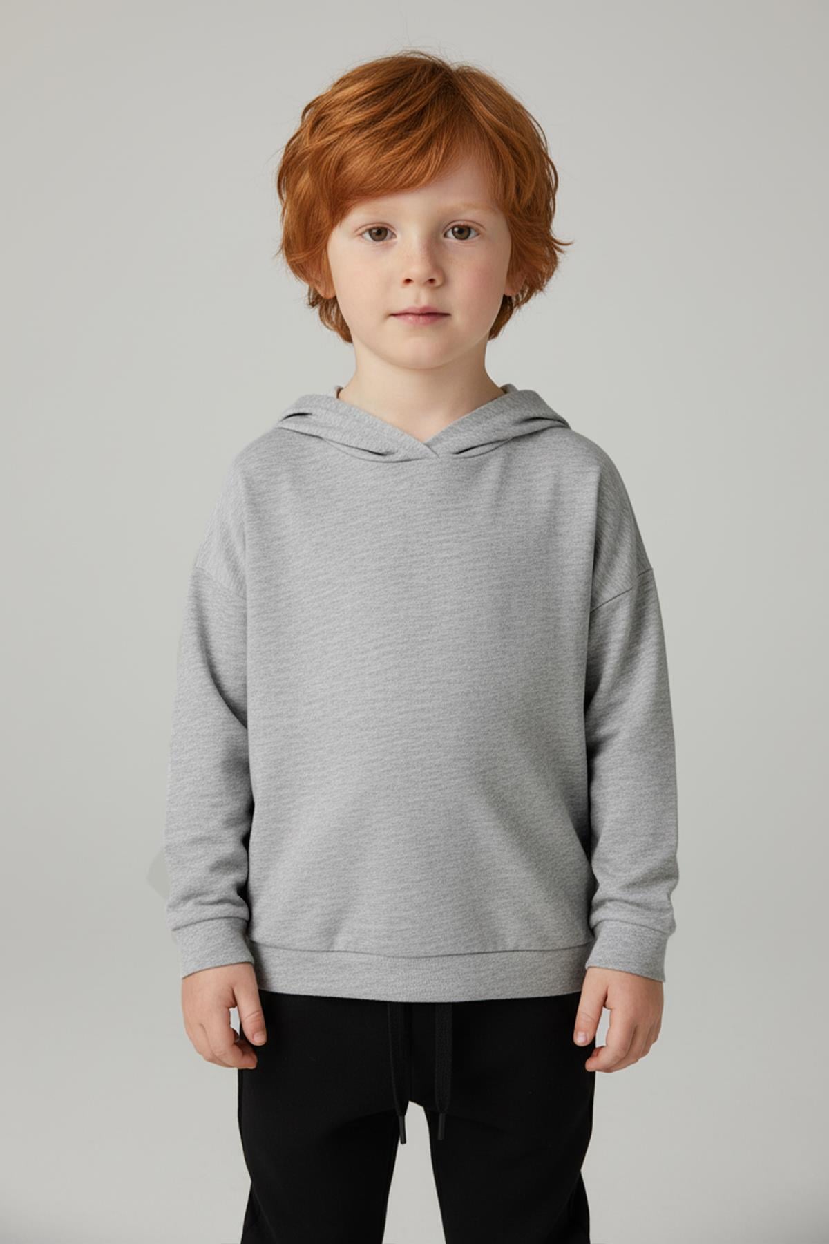 Unisex Çocuk Basic Pamuklu Kapüşonlu Sweatshirt - Gri