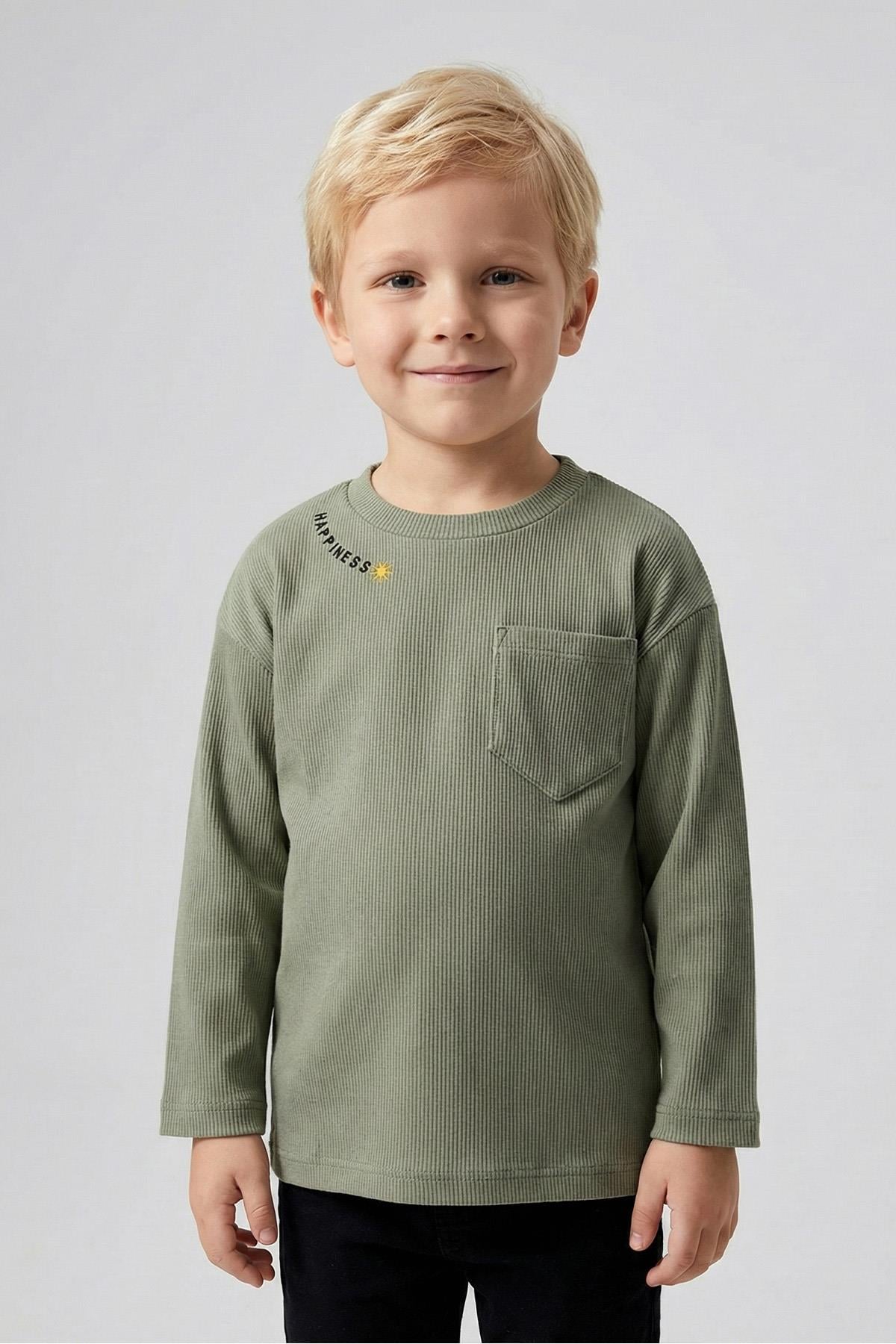 Unisex Çocuk Happiness Nakışlı Cepli Fitilli Kaşkorse Tişört