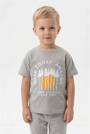 Erkek Çocuk %100 Pamuklu Baskılı Kısa Kollu Tişört - Gri (3-4 Yaş 8-9 Yaş)