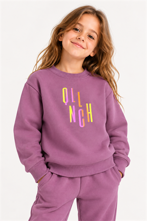 LUESS Kız Çocuk Bisiklet Yaka Renkli Baskılı Sweatshirt – Gül Kurusu