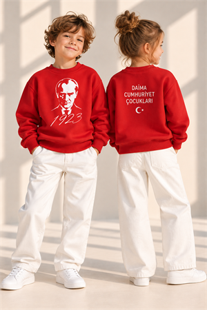 LUESS Unisex Çocuk Atatürk Baskılı Cumhuriyet Sweatshirt - Kırmızı