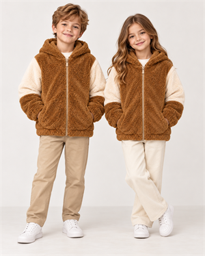 LUESS Unisex Çocuk Kahverengi Ekru Peluş Kapüşonlu Fermuarlı Mont / 4-12 Yaş