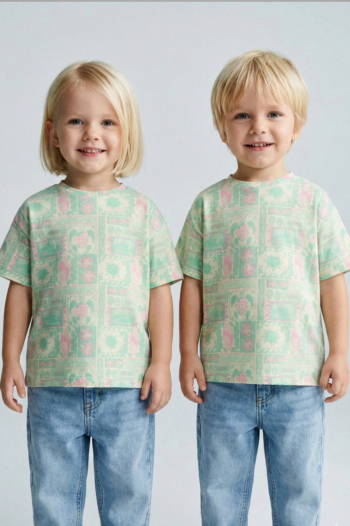 Çocuk Desenli Yeşil Oversize Kısa Kol T-Shirt (2-3 Yaş 7-8 Yaş)