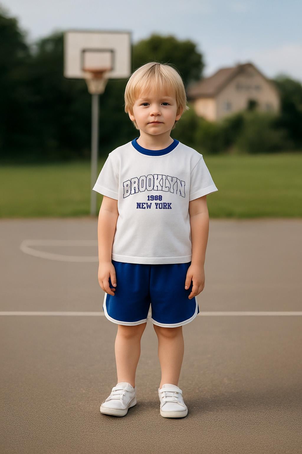 Erkek Çocuk %100 Pamuklu Brooklyn Baskılı Şortlu Takım - Lacivert (3-4 Yaş 8-9 Yaş)