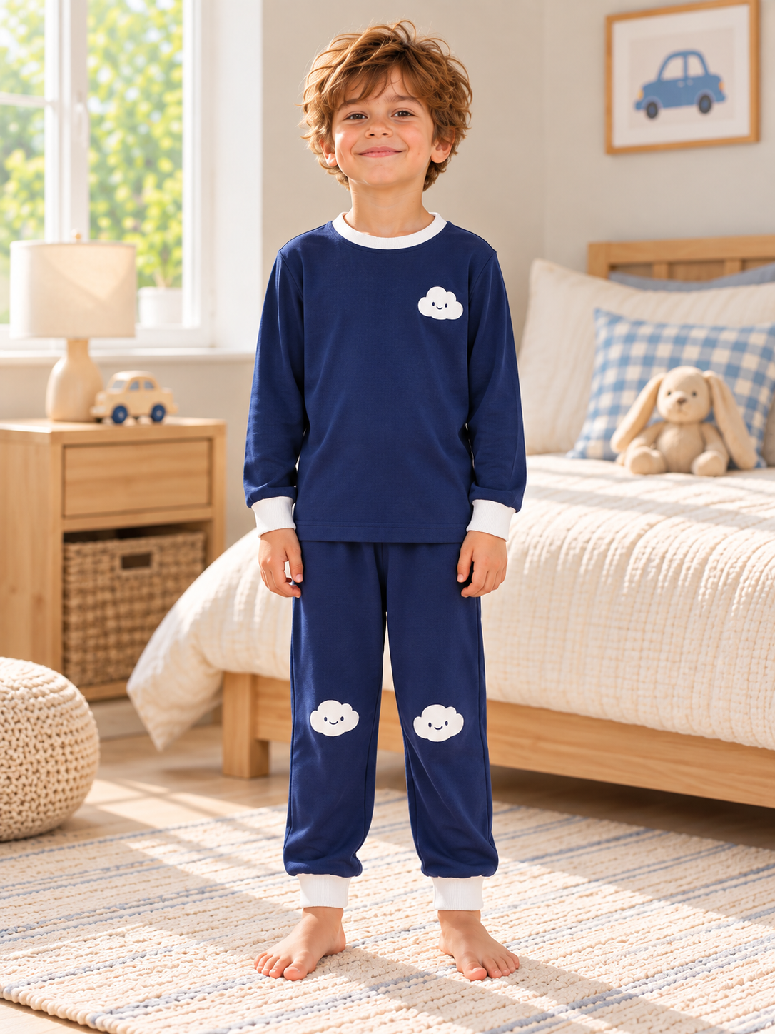 Erkek Çocuk Lacivert Bulut Baskılı Uzun Kollu Süprem Pijama Takımı