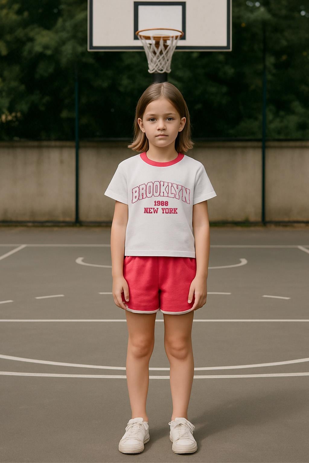 Kız Çocuk %100 Pamuklu Brooklyn Baskılı Şortlu Takım - Pembe (3-4 Yaş 8-9 Yaş)