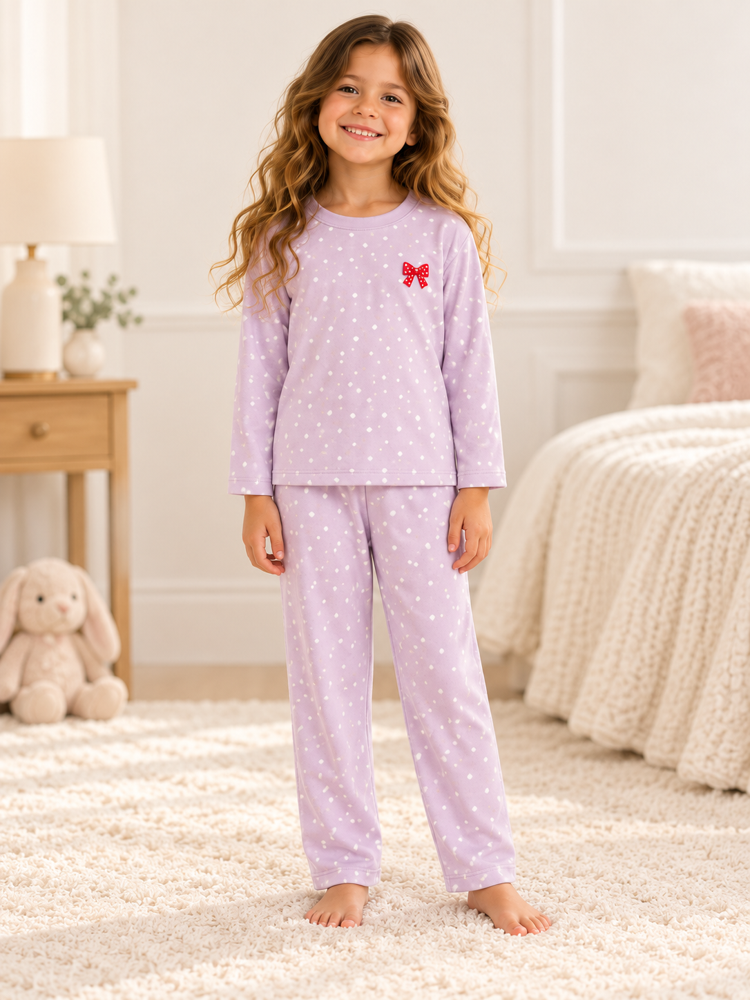 Kız Çocuk Lila Puantiyeli Uzun Kollu Pijama Takımı