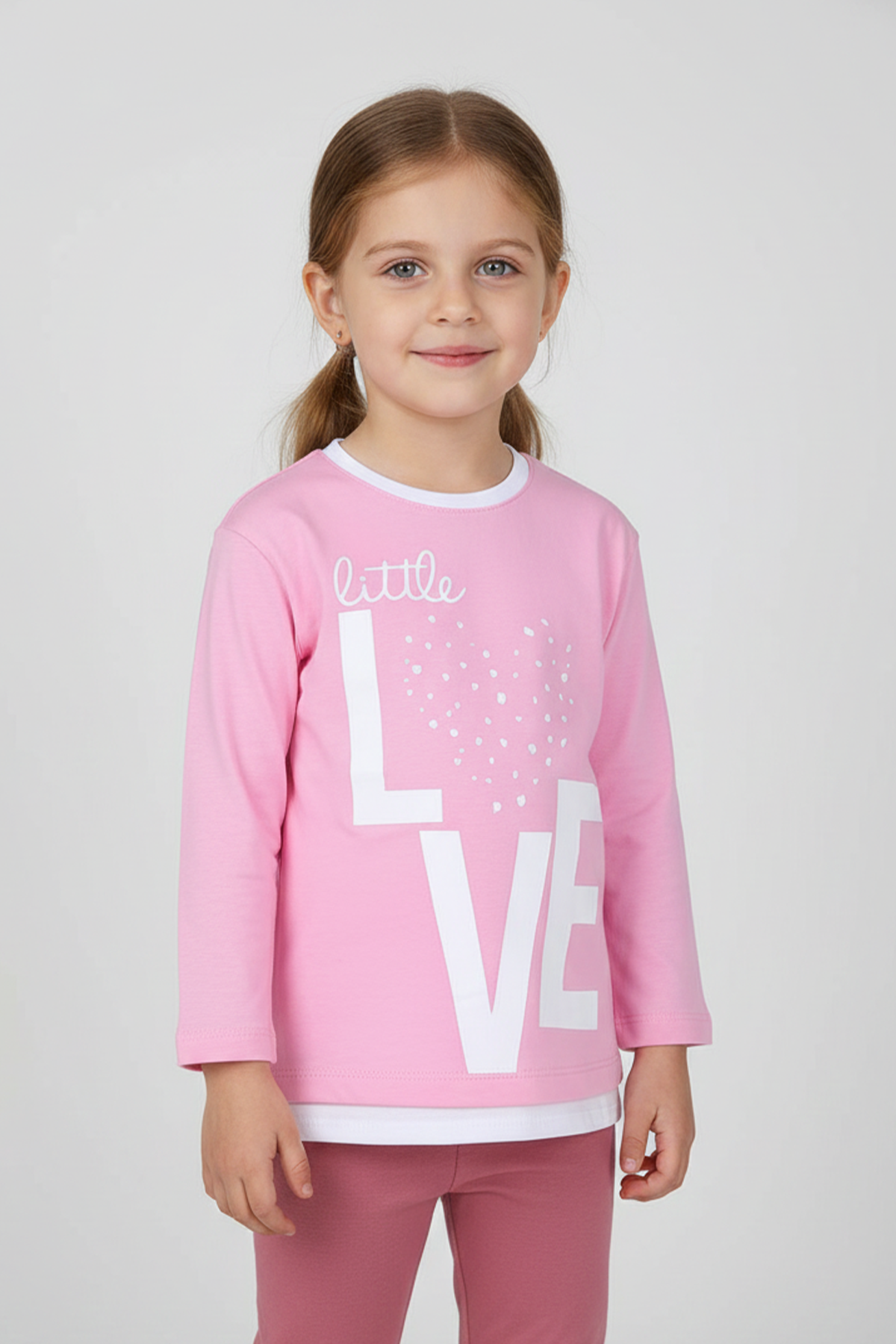Kız Çocuk Love Baskılı Ekru Garni Detaylı Uzun Kol Pembe T-shirt-(2-3 Yaş 7-8 Yaş)