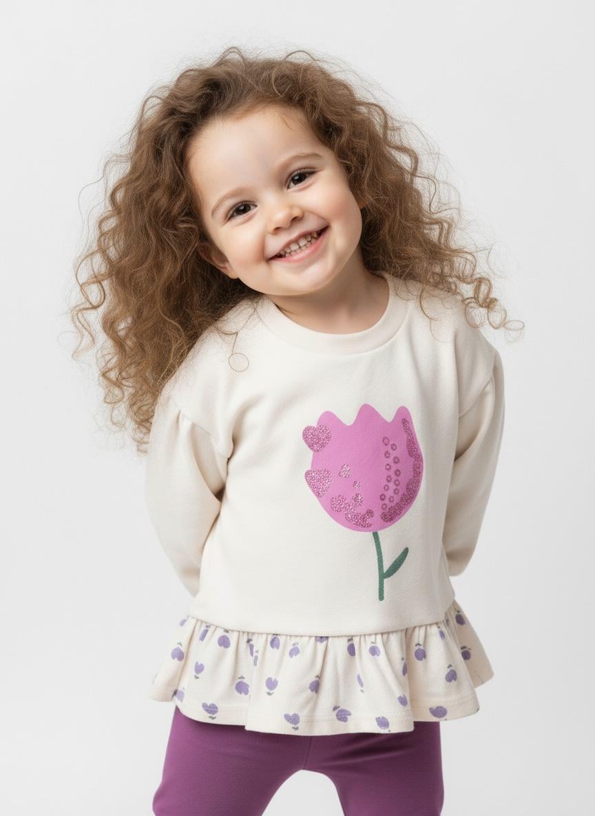 Kız Çocuk Oversize Çiçek Baskılı Pamuklu Ekru Sweatshirt