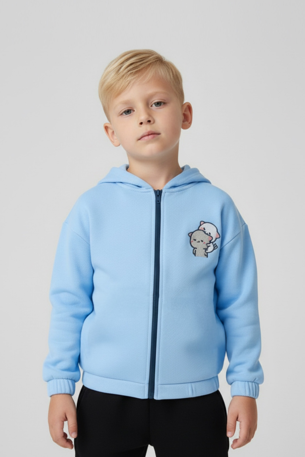 Unisex Çocuk %100 Pamuklu Kedi Nakışlı Kışlık Hırka  -Açık Mavi (3-4 yaş 8-9 Yaş)