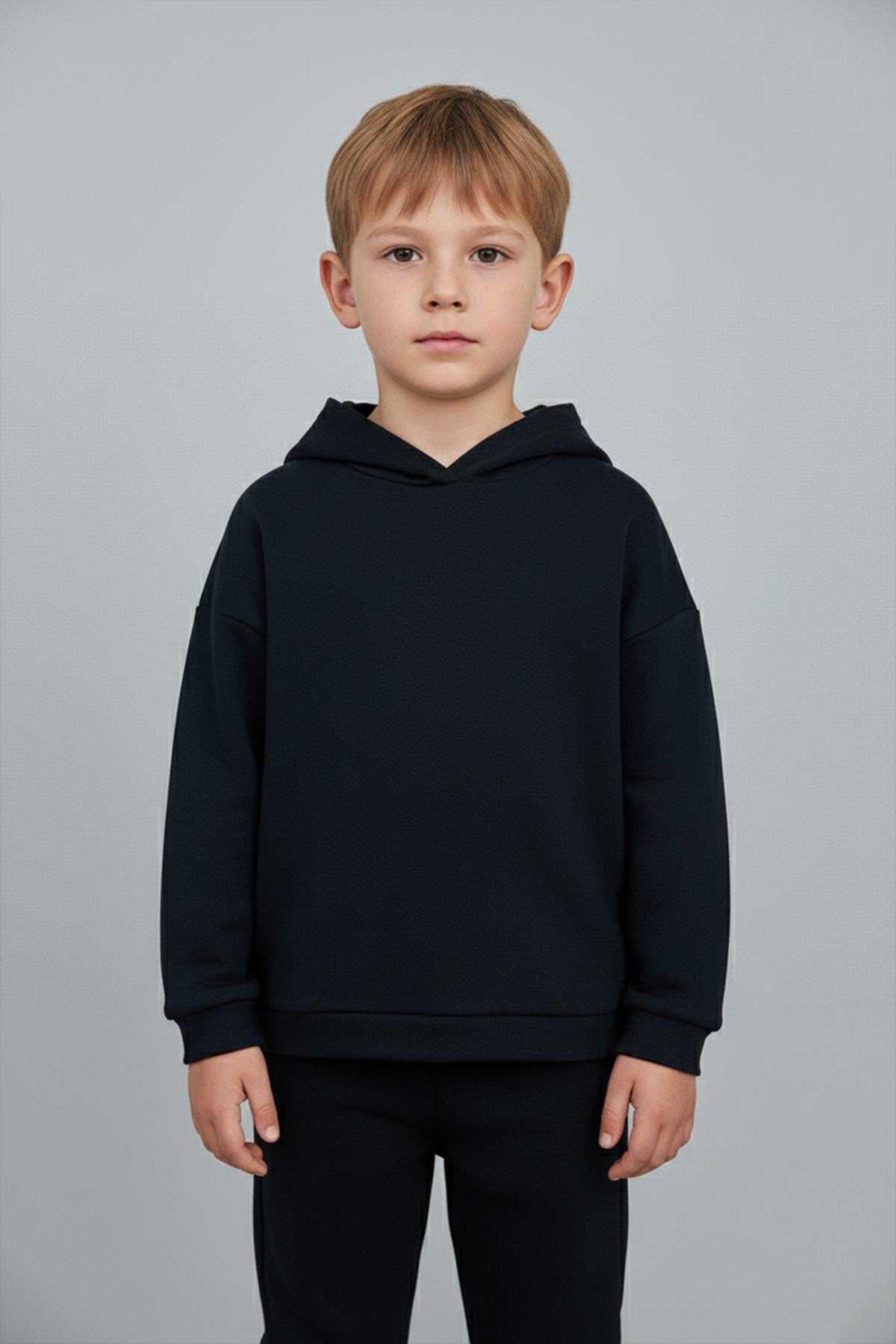Unisex Çocuk Basic Pamuklu Kapüşonlu Sweatshirt - Siyah