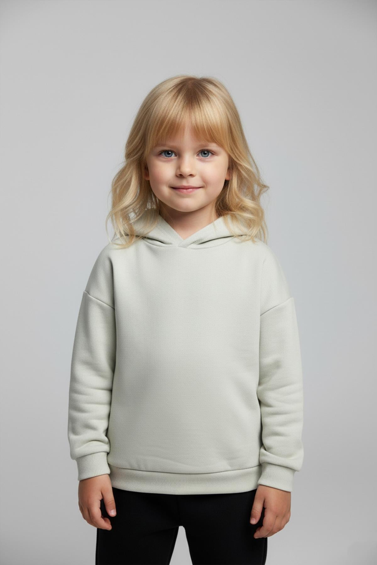 Unisex Çocuk Basic Pamuklu Kapüşonlu Sweatshirt - Bej