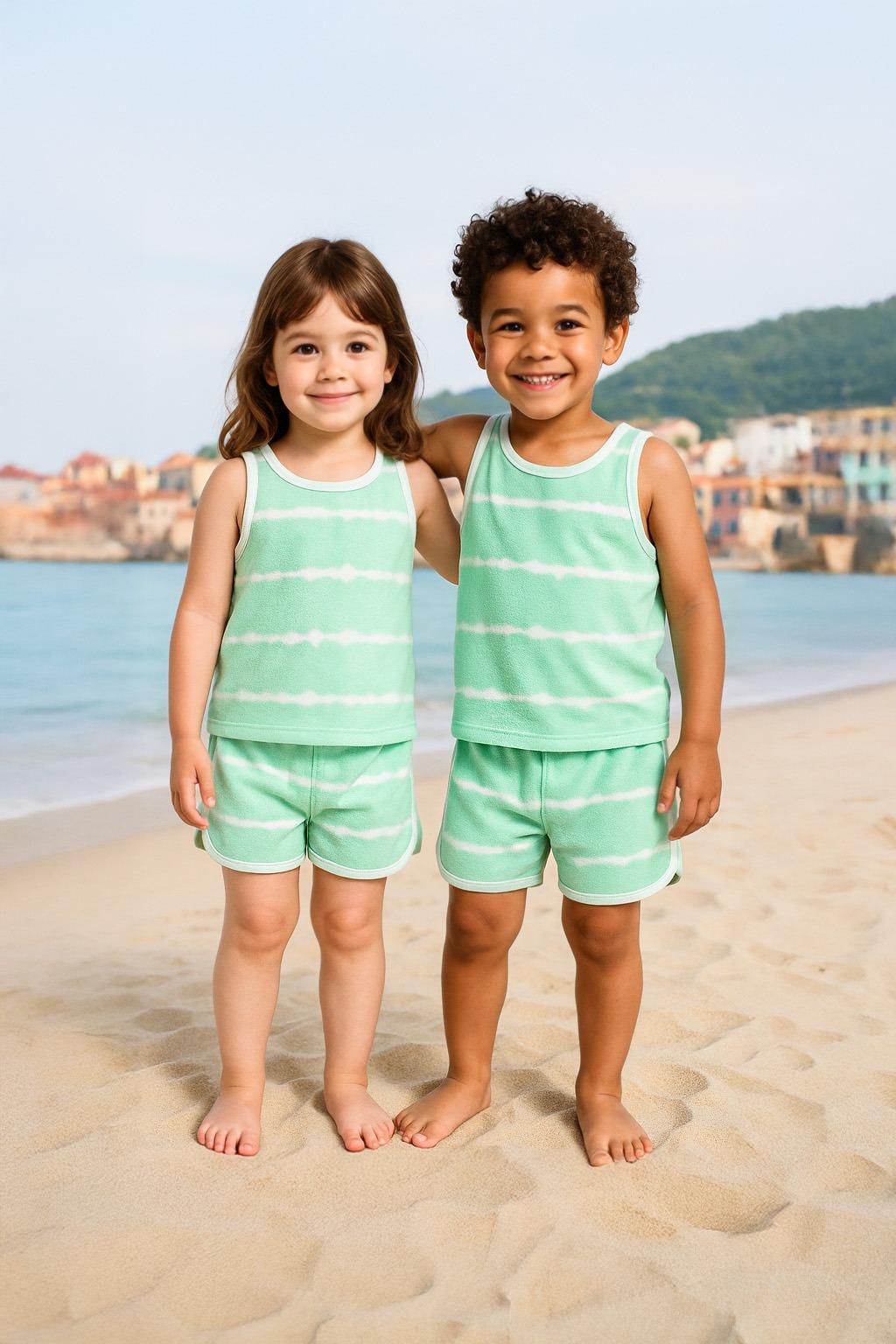 Unisex Çocuk Batik Desenli Havlu Alt Üst Takım  - Yeşil (2-3 Yaş 7-8 Yaş)