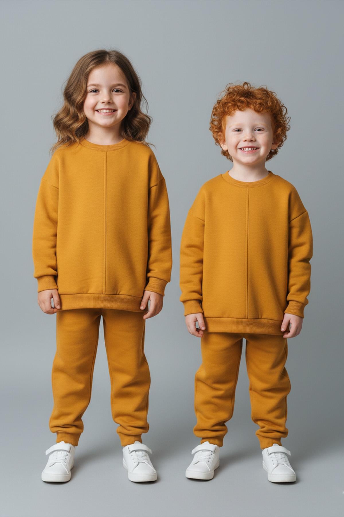 Unisex Çocuk Dikiş Detaylı 3 İplik Hardal Alt Üst Takımı